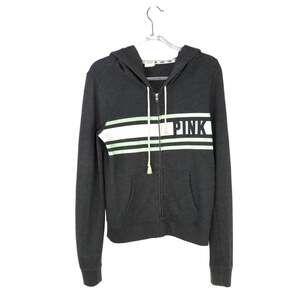 VS PINK Gray Pullover Hoodie Sweatshirt Mint Green Graphic Detail Medium